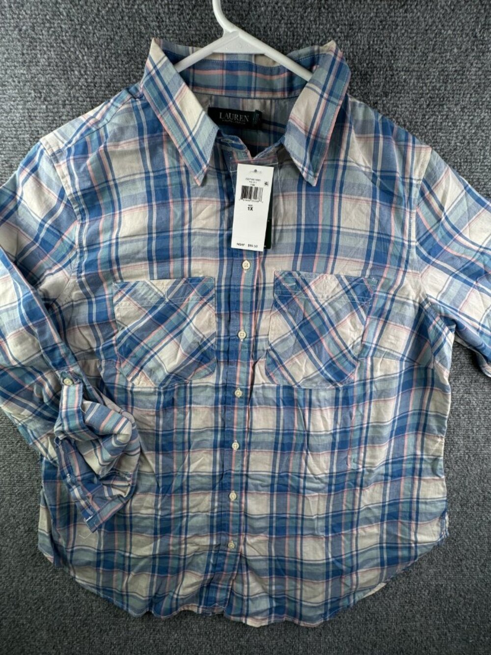NWT Lauren Ralph Lauren Women Roll Tab Sleeve Button Up Shirt - 1X Plus Plaid